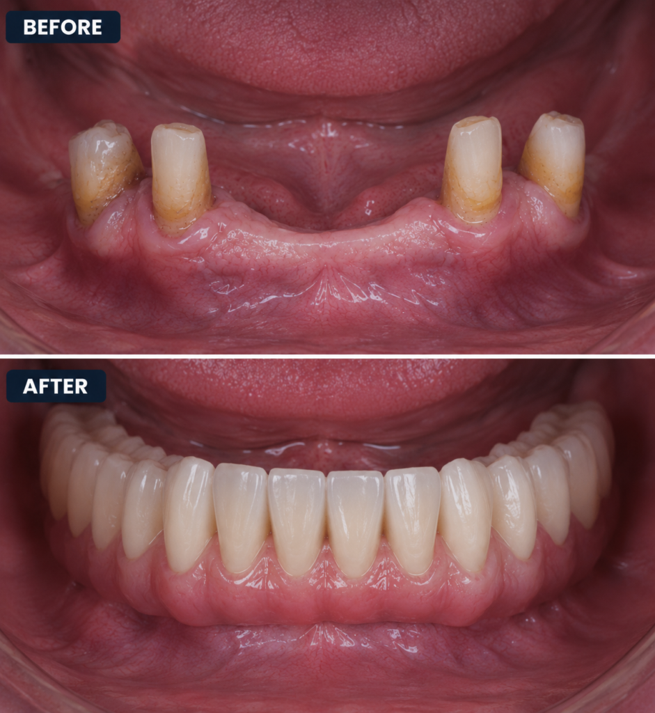 All-on-4 before and after — lower arch full restoration from failing dentition to fixed hybrid denture, A-Dental Center North Hollywood CA