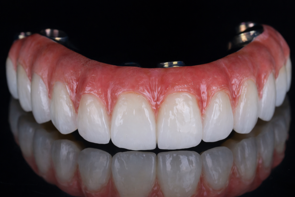 Fixed hybrid full arch prosthetic — All-on-4 final restoration with titanium framework and zirconia teeth, A-Dental Center North Hollywood CA