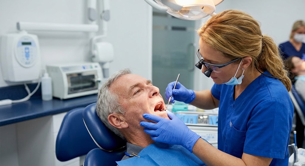dentist examining extraction site for dry socket symptoms. Placement: near the introduction